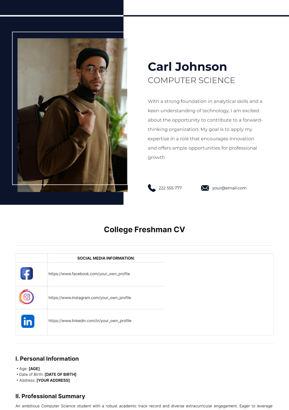 College Freshman CV Template - Edit Online & Download