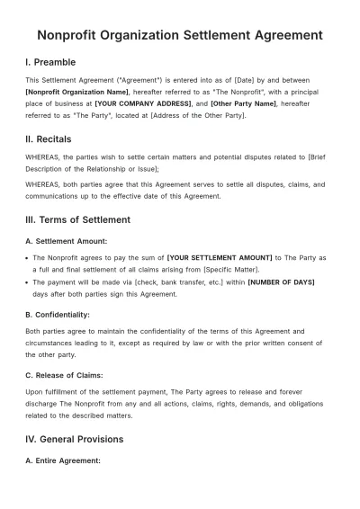 Free Nonprofit Organization Settlement Agreement Template to Edit Online
