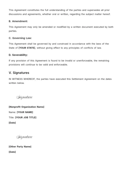 Free Nonprofit Organization Settlement Agreement Template to Edit Online