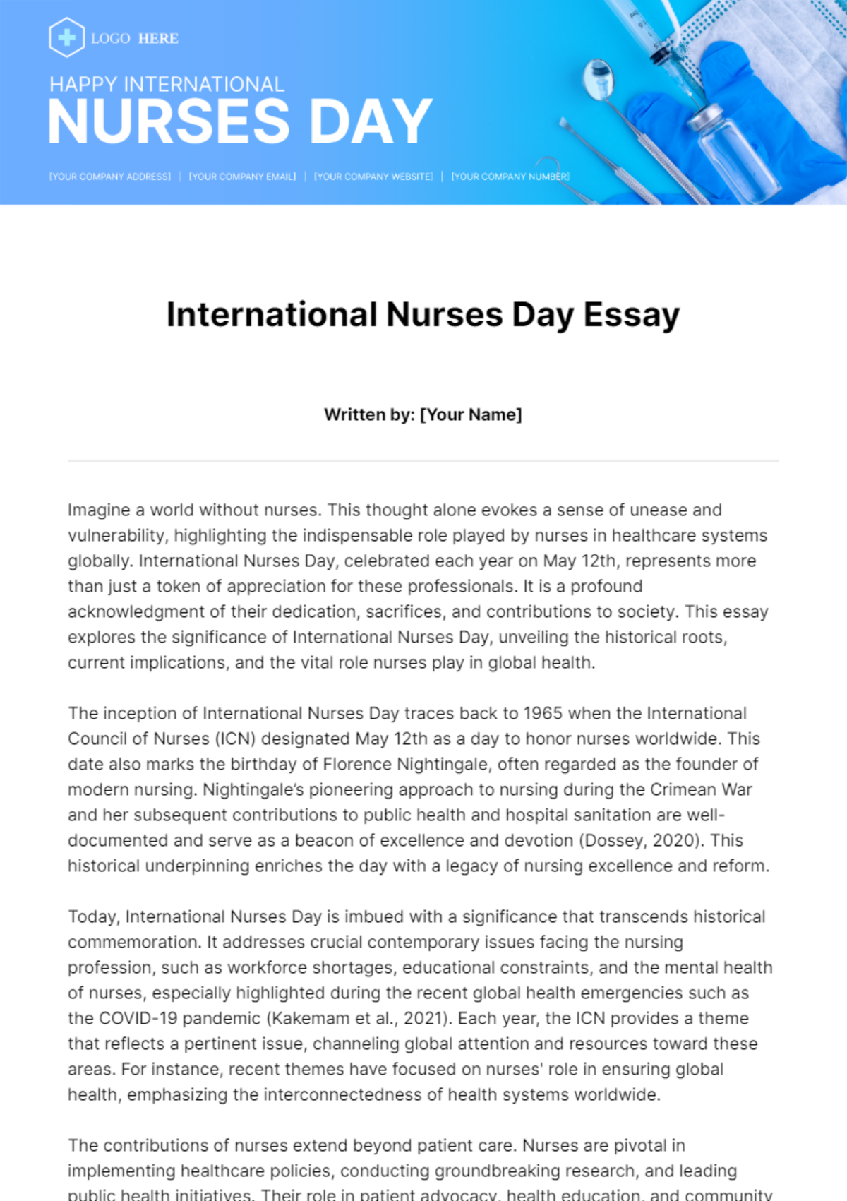 Free International Nurses Day Essay Template