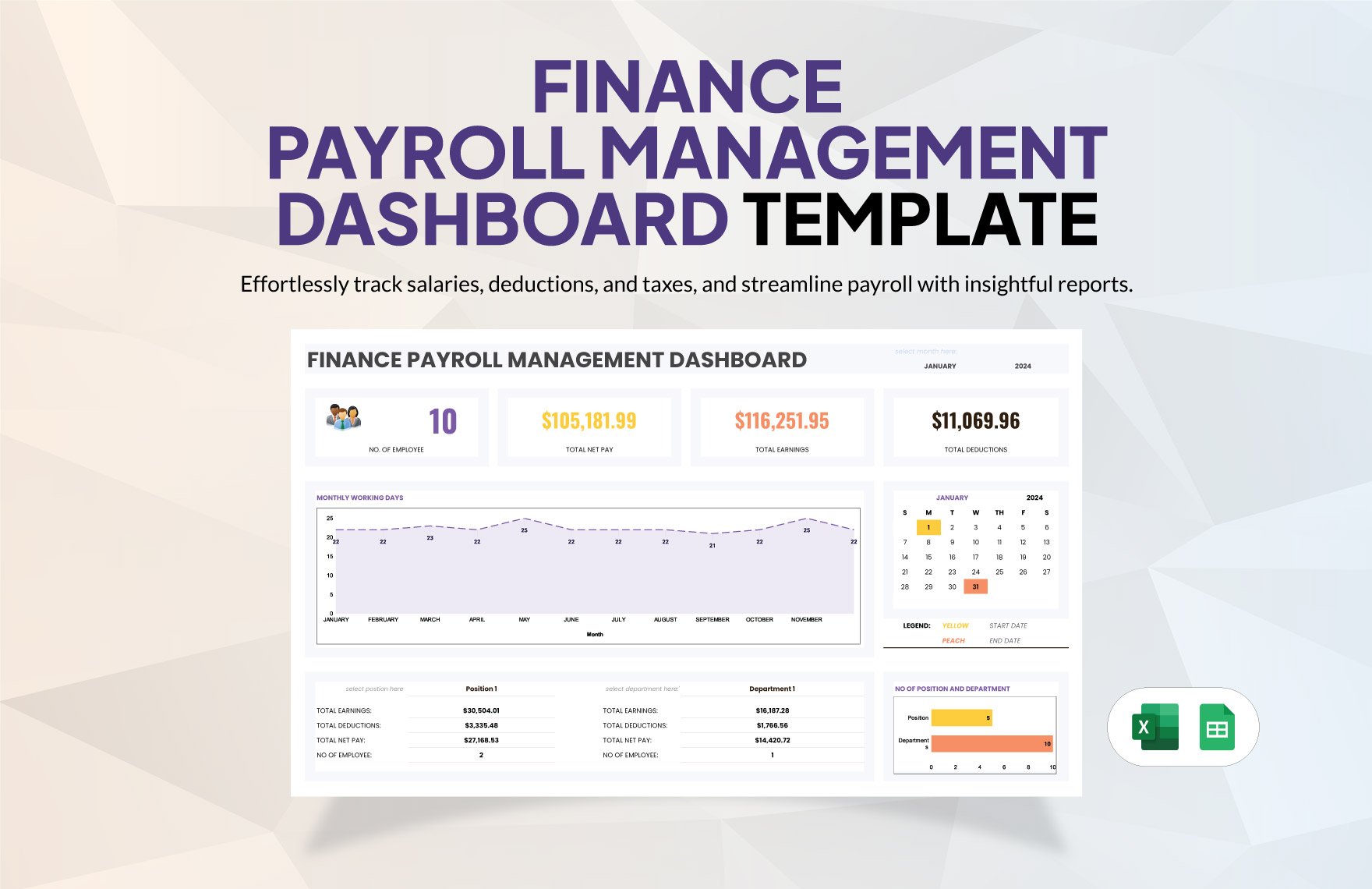 Finance Payroll Management Dashboard Template in Excel, Google Sheets