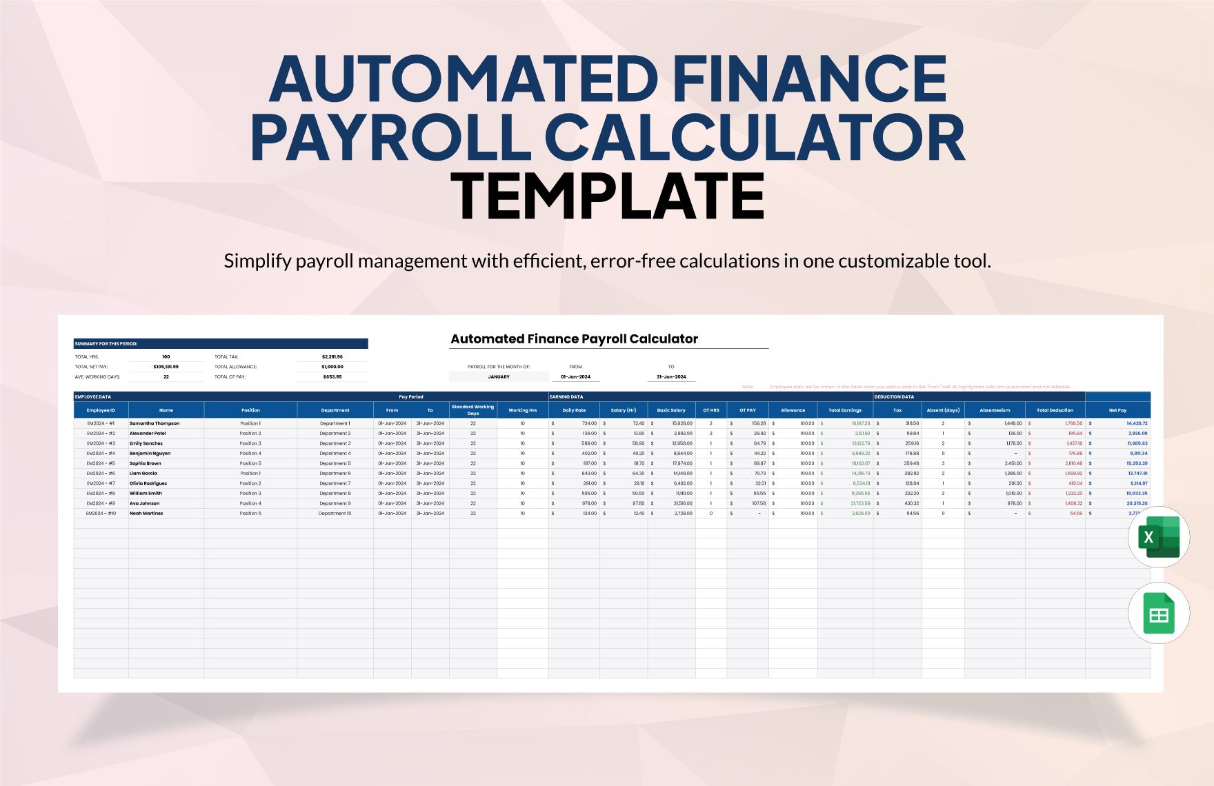 Automated Finance Payroll Calculator Template in Excel, Google Sheets