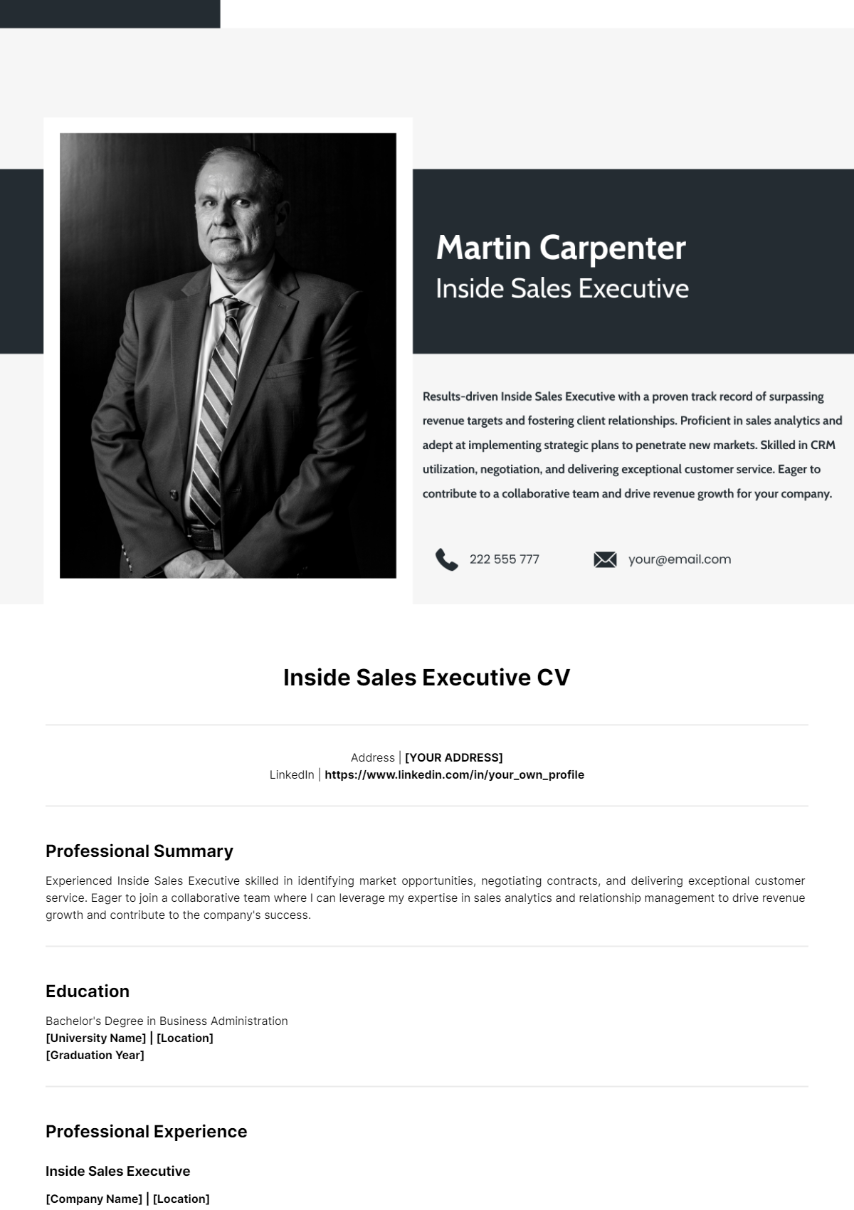 Inside Sales Executive CV Template - Edit Online & Download