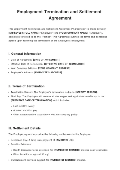 Free Employment Termination and Settlement Agreement Template to Edit Online