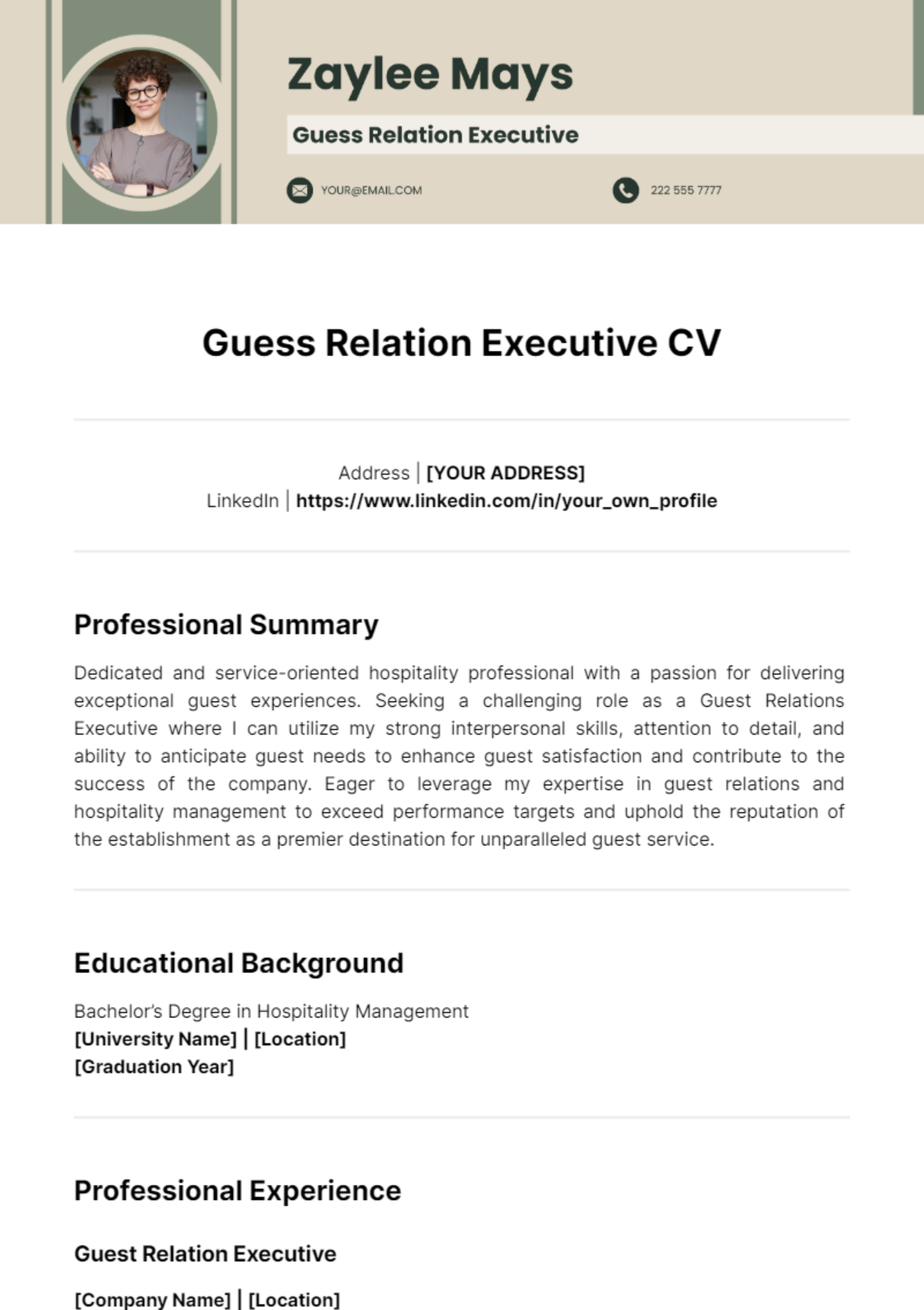 Guest Relation Executive CV Template - Edit Online & Download