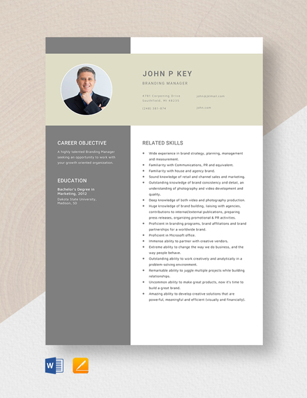 Branding Manager Resume Template - Word, Apple Pages