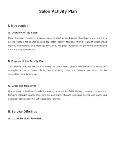 Free Salon Activity Plan Template to Edit Online