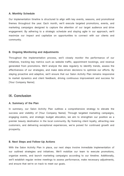 Free Salon Activity Plan Template to Edit Online
