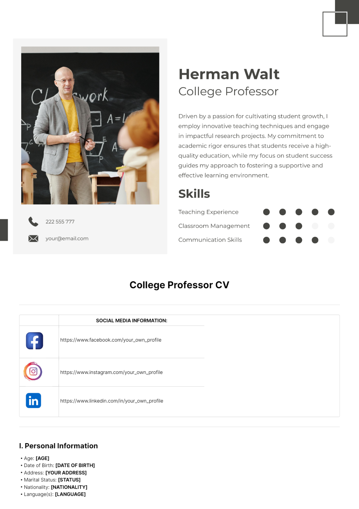 College Professor CV Template - Edit Online & Download