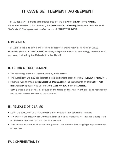 Free IT Case Settlement Agreement Template to Edit Online