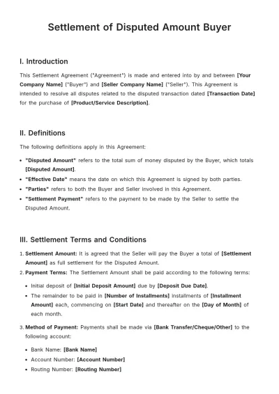 Free Settlement of Disputed Amount Buyer Template to Edit Online