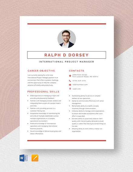 Free International Project Manager Resume Template - Word, Apple Pages