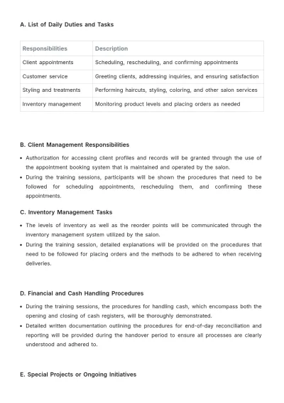 Free Salon Handover Plan Template to Edit Online