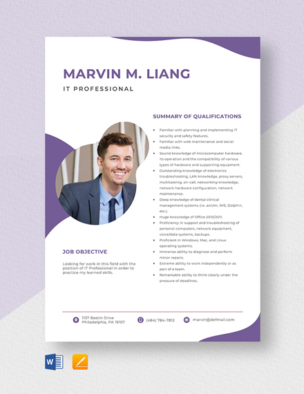 IT Professional Resume Template - Word, Apple Pages