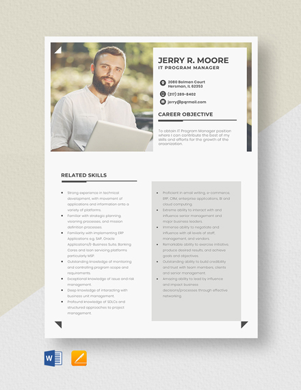 IT Program Manager Resume Template - Word, Apple Pages
