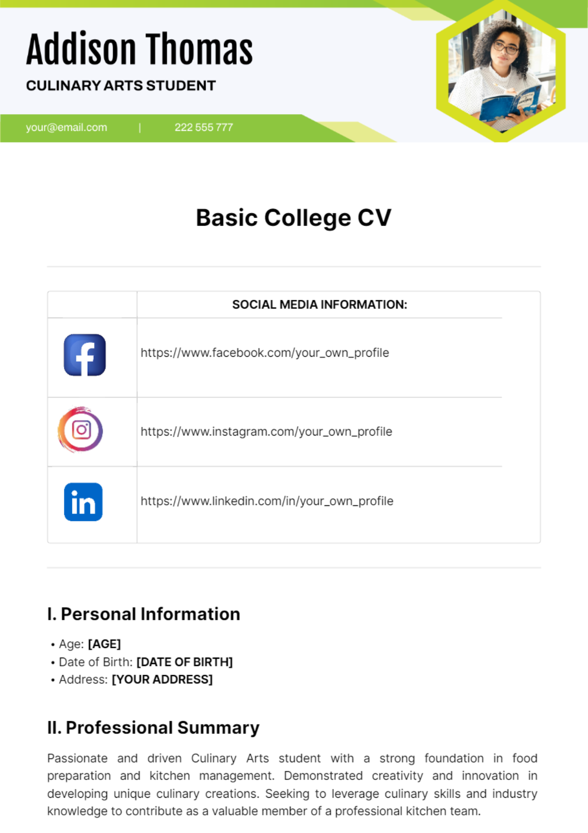 Basic College CV Template - Edit Online & Download