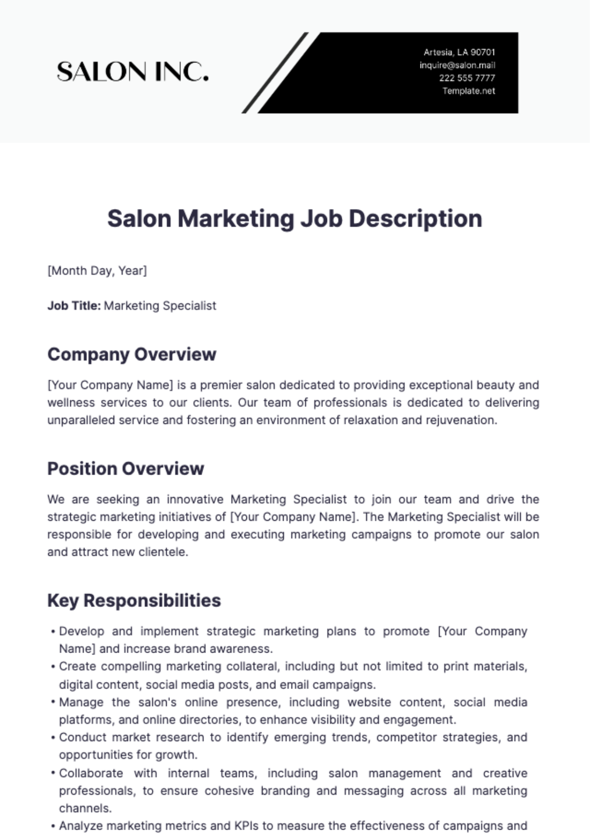 Salon Marketing Job Description Template - Edit Online & Download