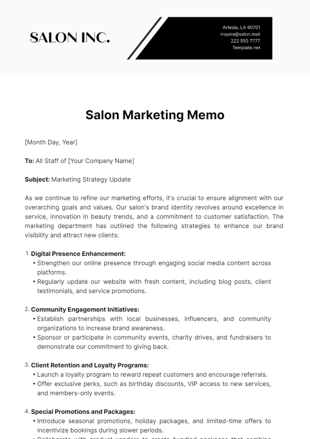 Salon Marketing Memo Template