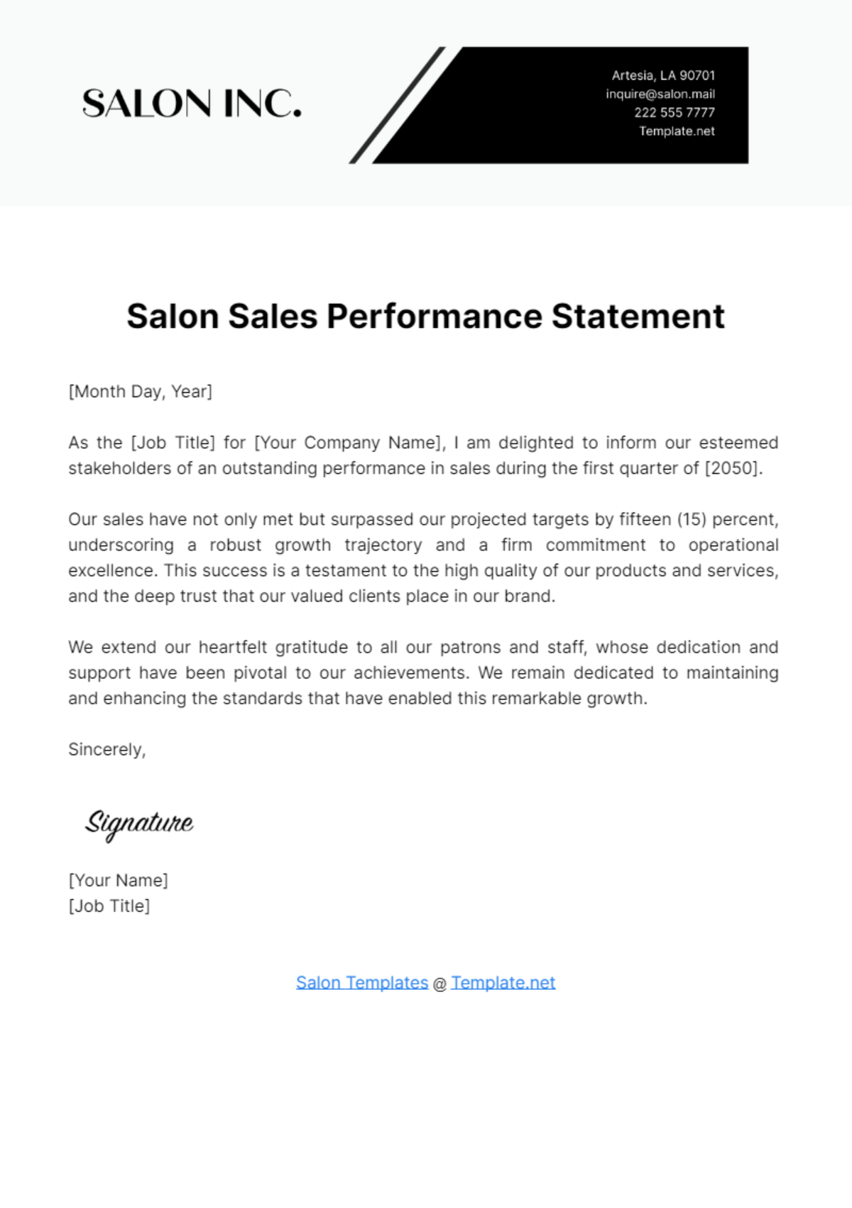 Salon Sales Performance Statement Template