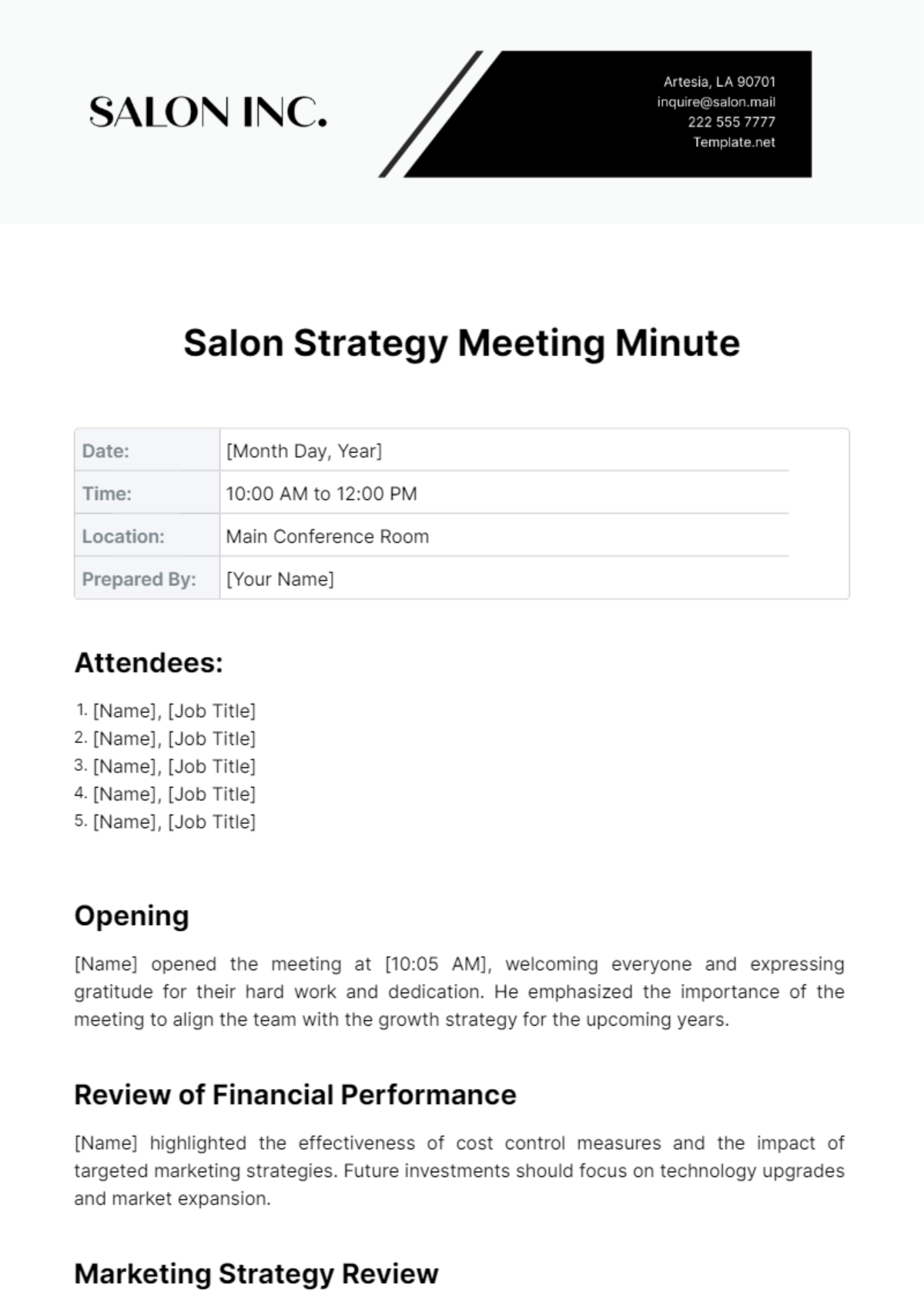 Salon Strategy Meeting Minute Template