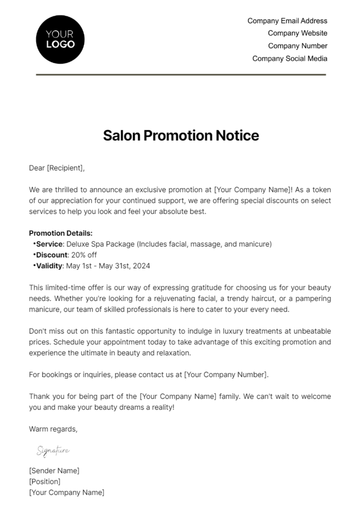 Salon Promotion Notice Template
