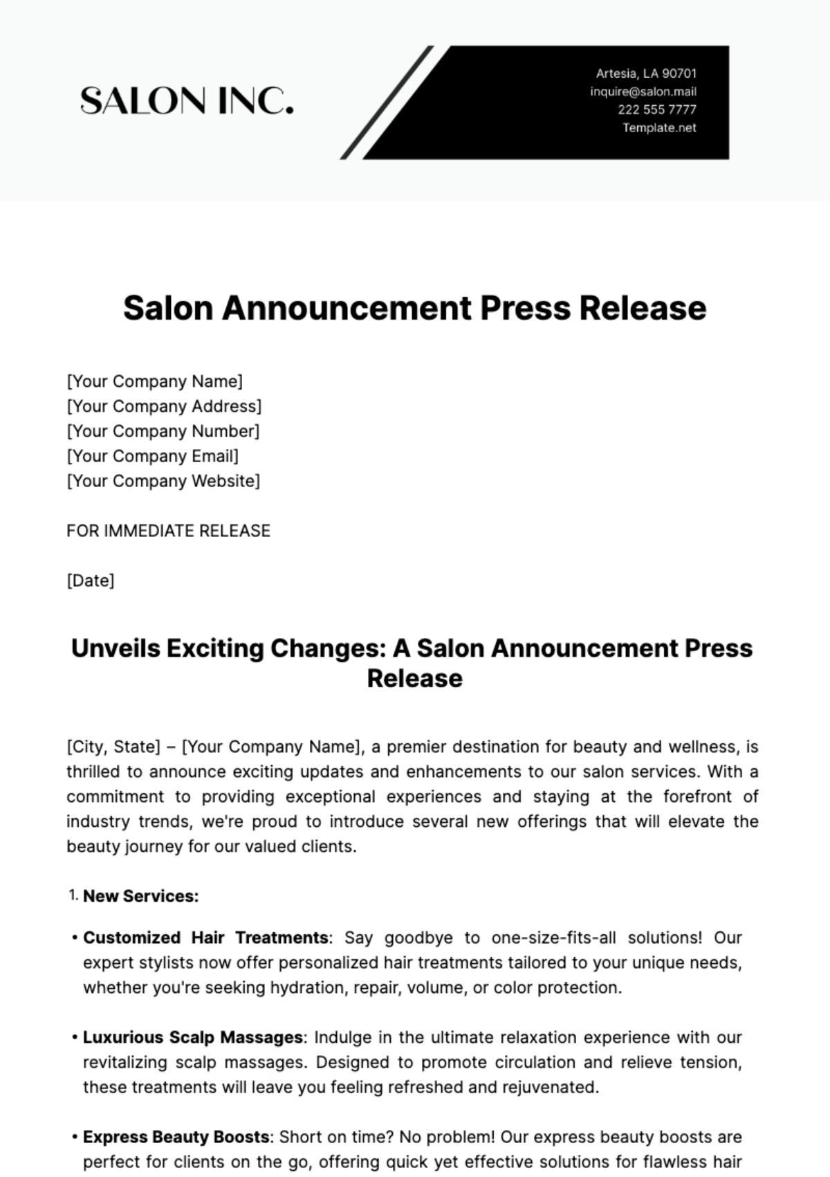 Salon Announcement Press Release Template