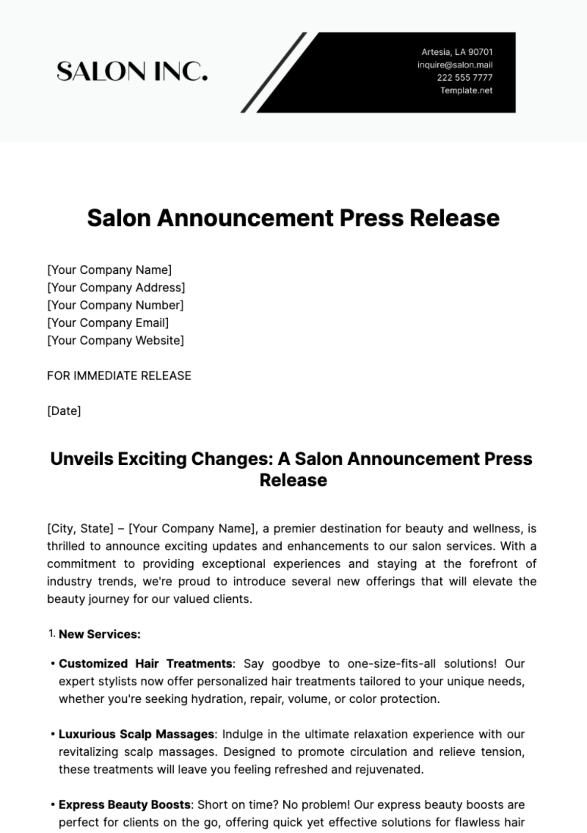 Salon Announcement Press Release Template - Edit Online & Download