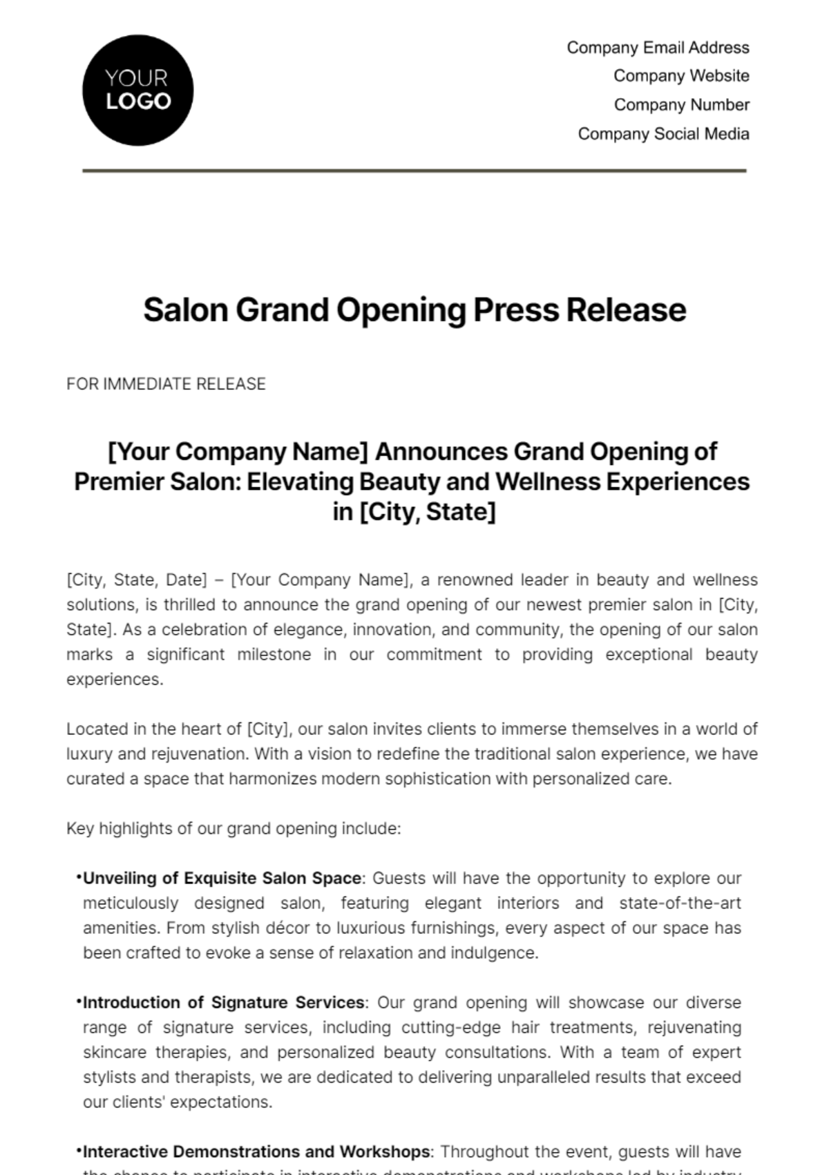 Salon Grand Opening Press Release Template