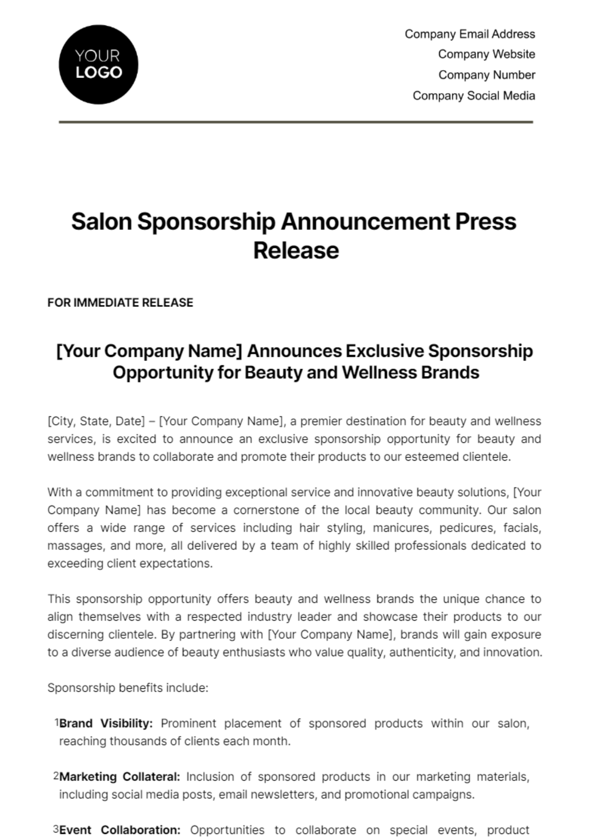 Salon Sponsorship Announcement Press Release Template