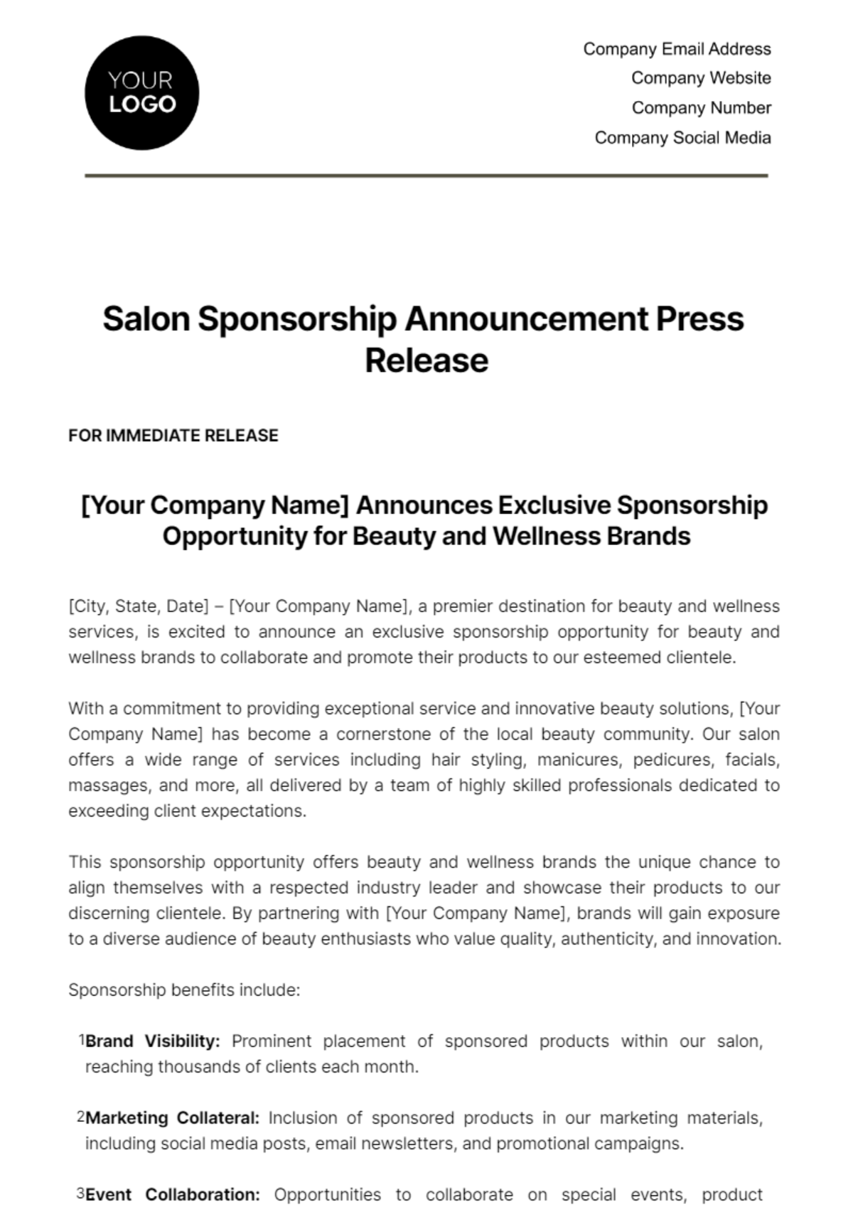 Salon Sponsorship Announcement Press Release Template - Edit Online & Download