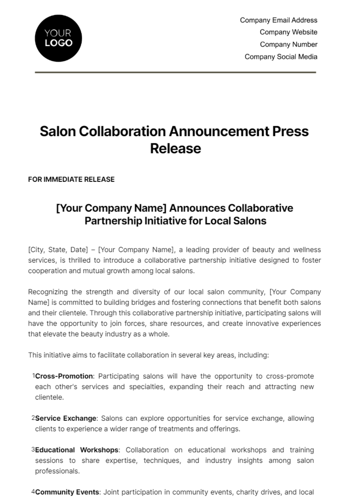 Salon Collaboration Announcement Press Release Template - Edit Online & Download