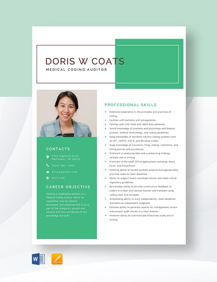 Free Medical Coding Auditor Resume Template - Word, Apple Pages