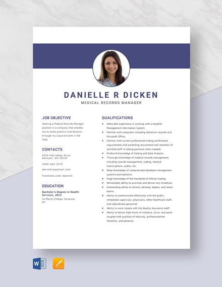 Free Medical Records Manager Resume Template - Word, Apple Pages