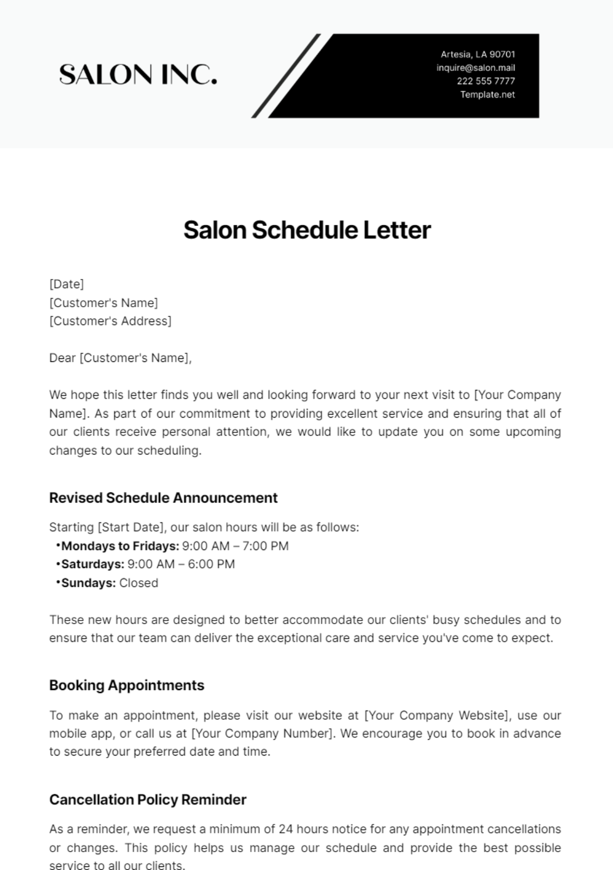 Salon Schedule Letter Template