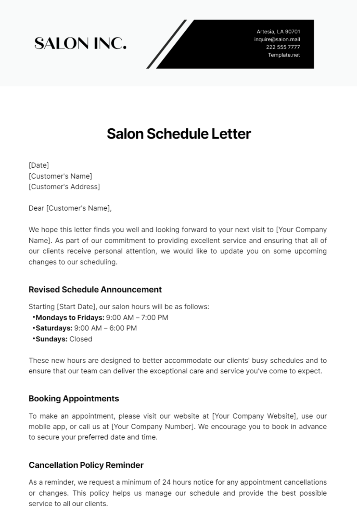 Salon Schedule Letter Template - Edit Online & Download