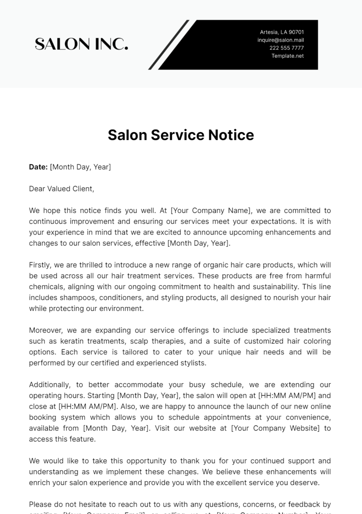 Salon Service Notice Template