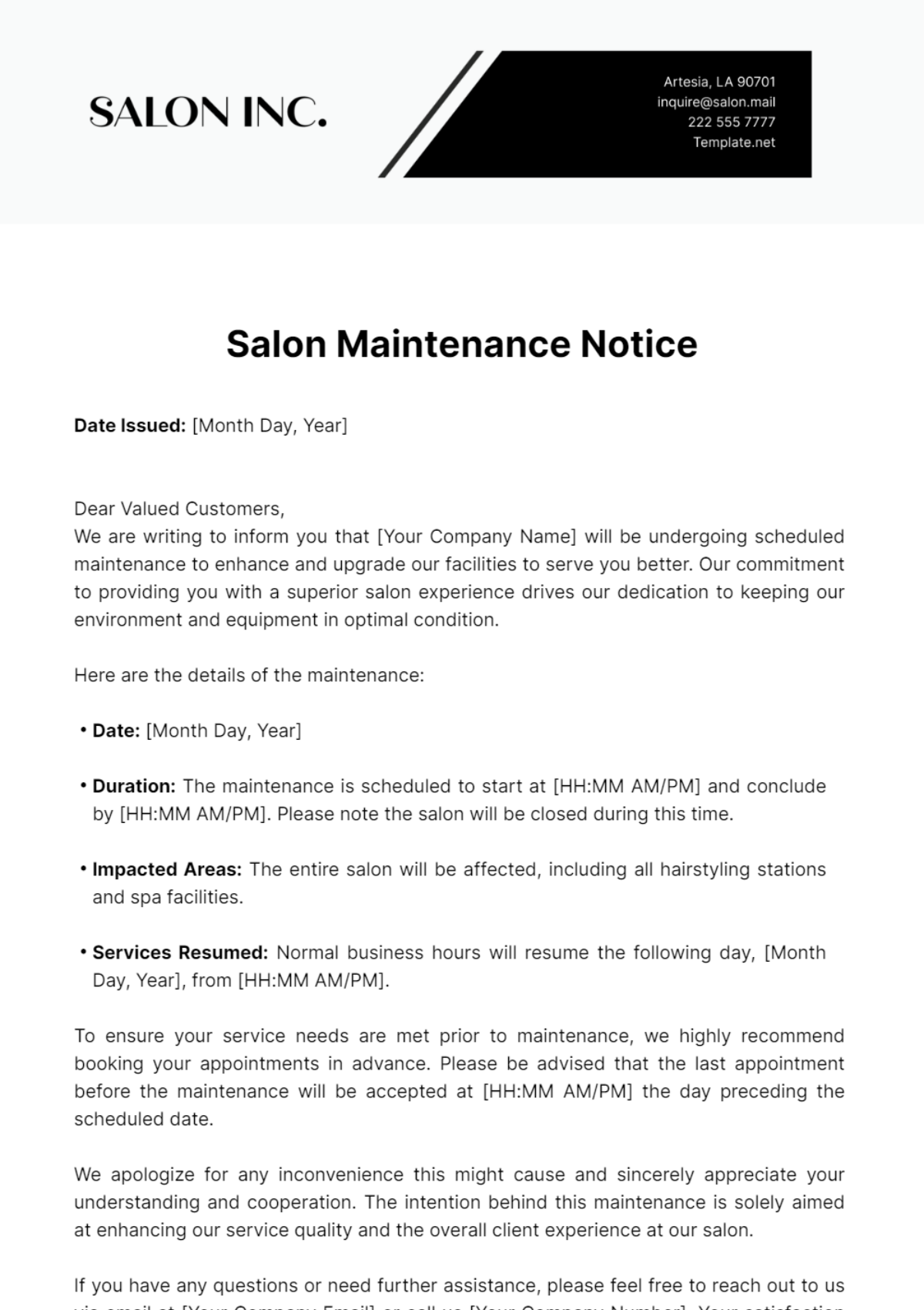 Salon Maintenance Notice Template