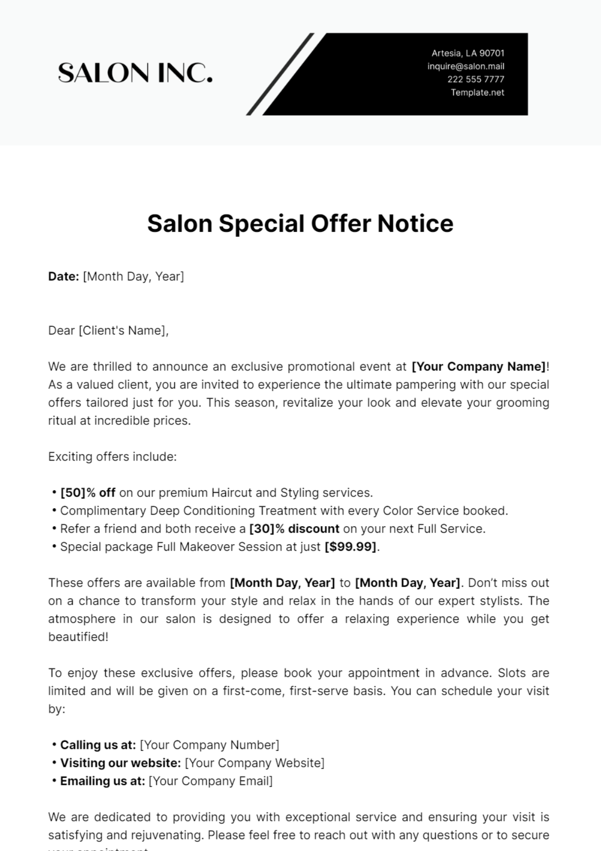 Salon Special Offer Notice Template