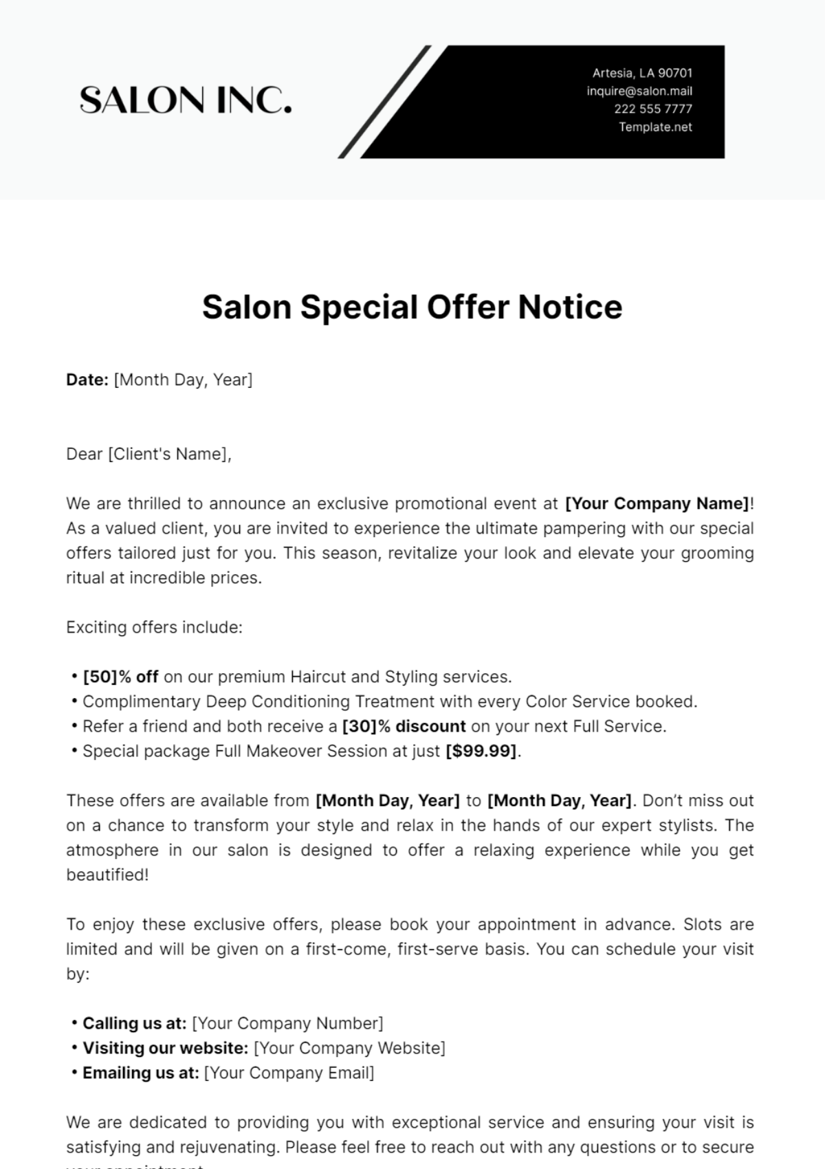 Salon Special Offer Notice Template - Edit Online & Download