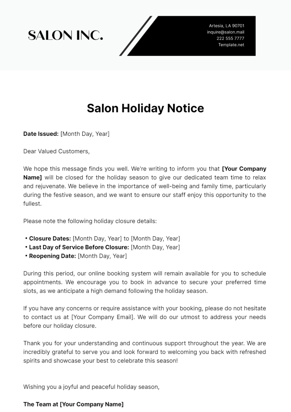 Salon Holiday Notice Template