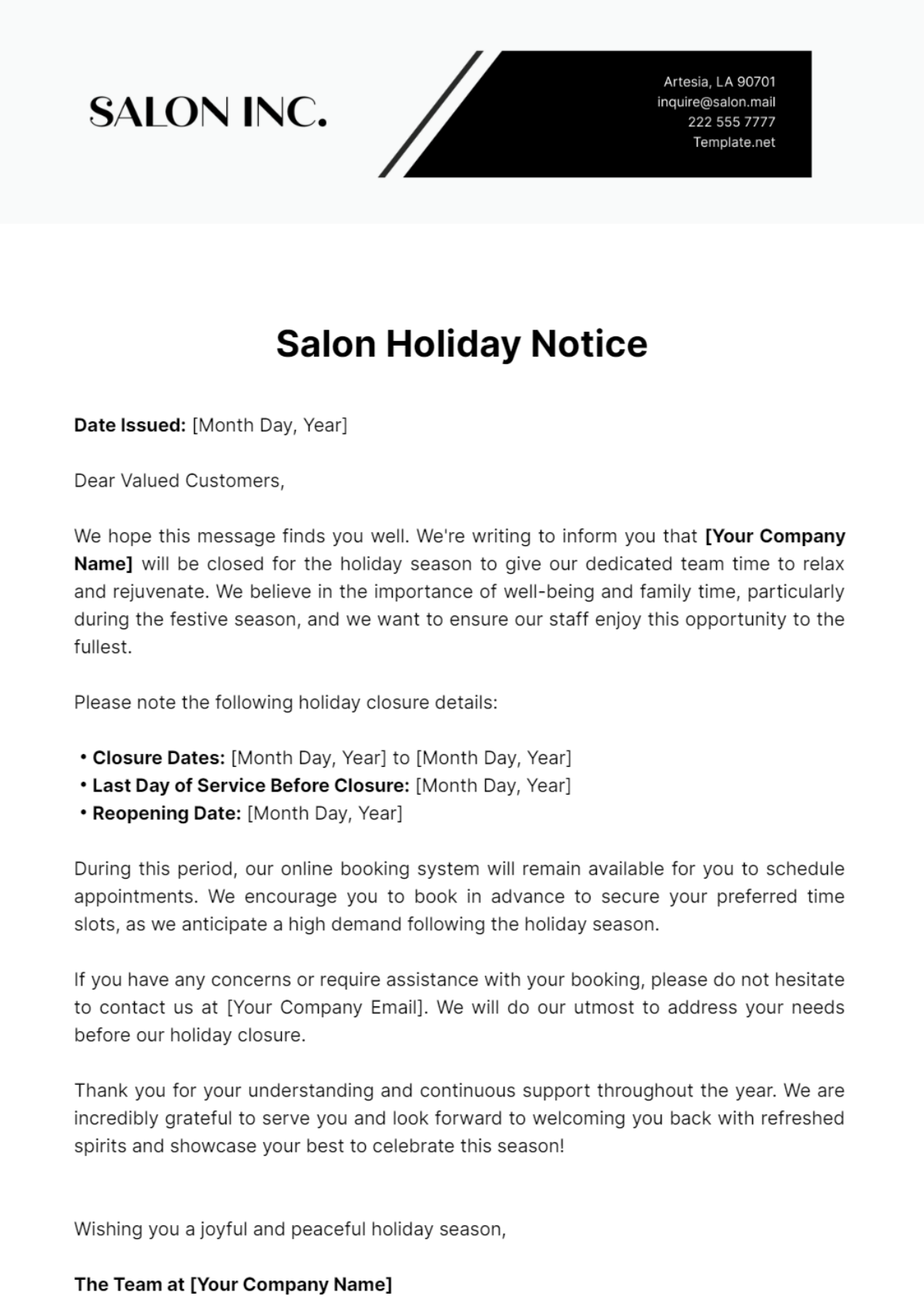 Salon Holiday Notice Template - Edit Online & Download