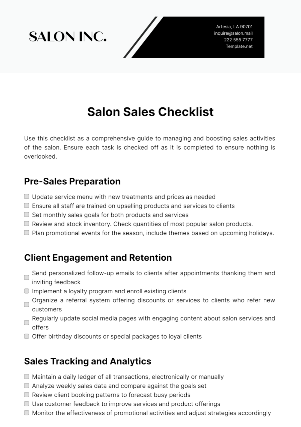 Salon Sales Checklist Template