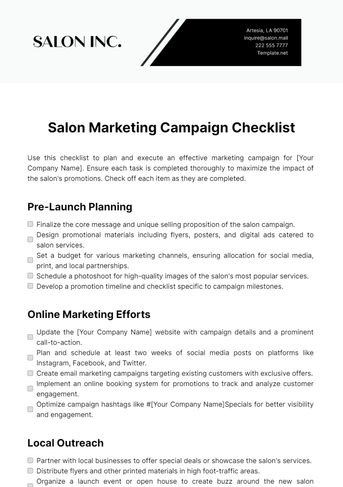 Salon Marketing Campaign Checklist Template