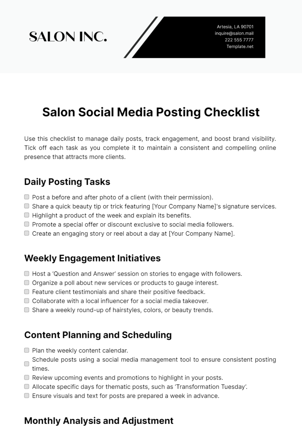 Salon Social Media Posting Checklist Template