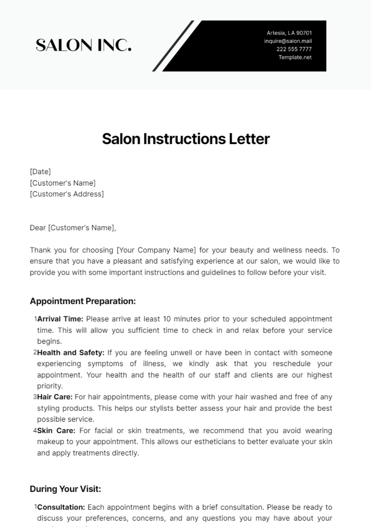 Salon Instructions Letter Template