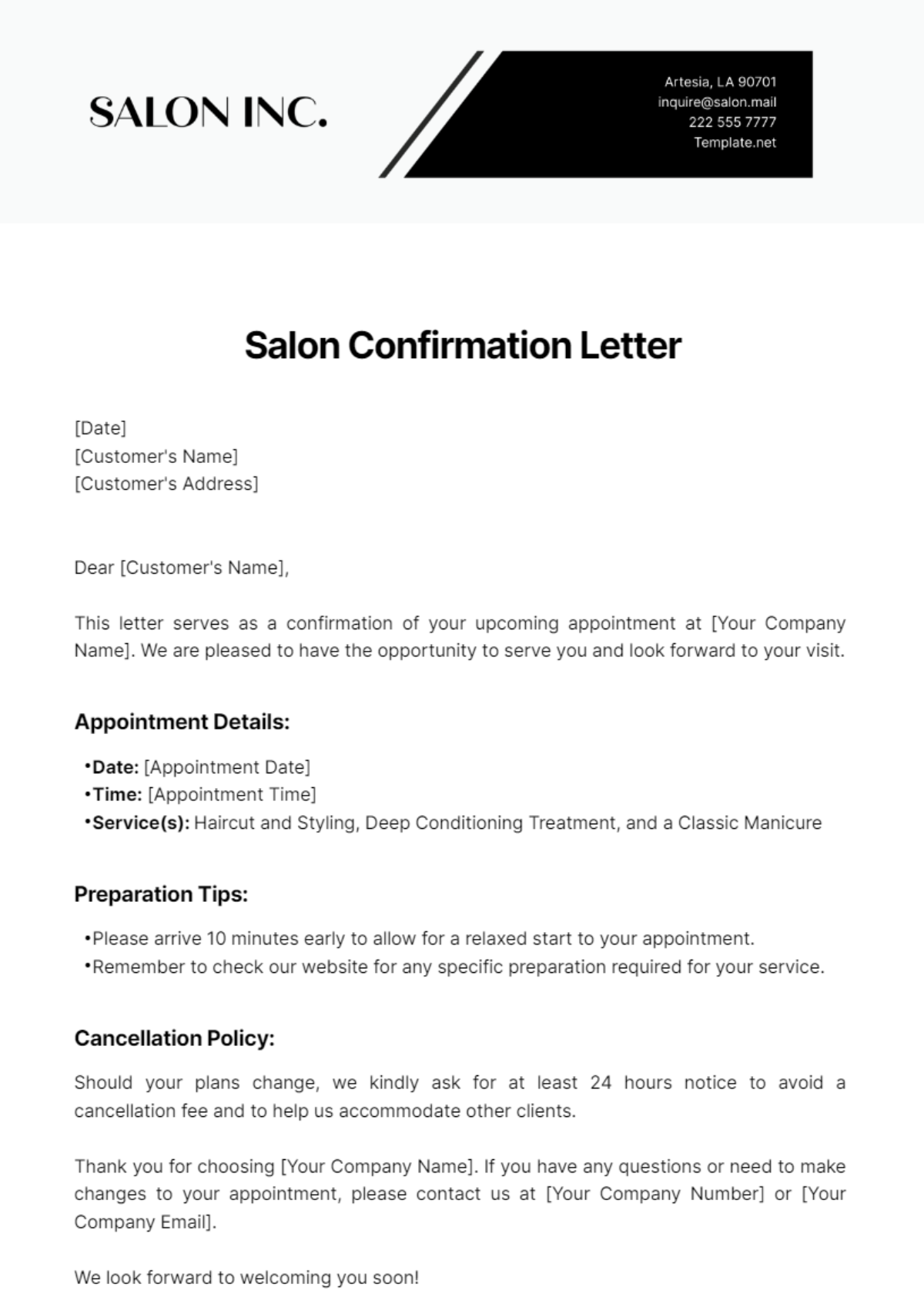 Salon Confirmation Letter Template