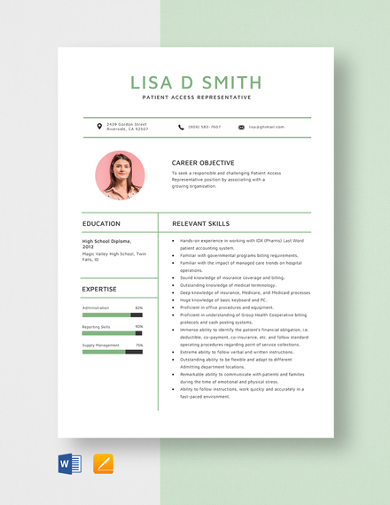 Patient Access Representative Resume Template - Word, Apple Pages