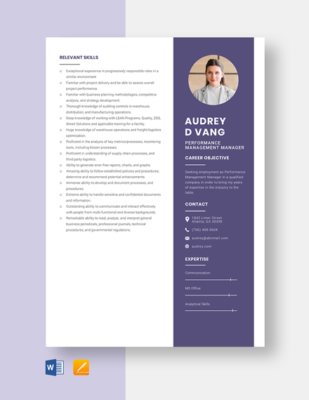 Free Performance Management Manager Resume Template - Word, Apple Pages