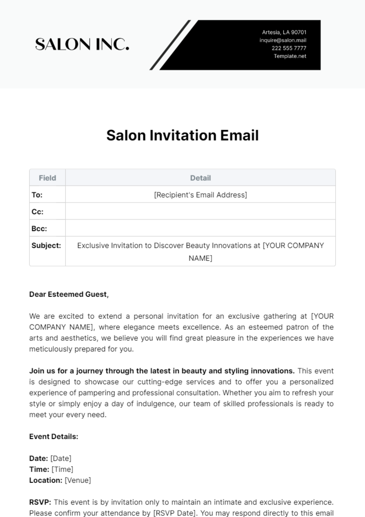 Free Salon Invitation Email Template