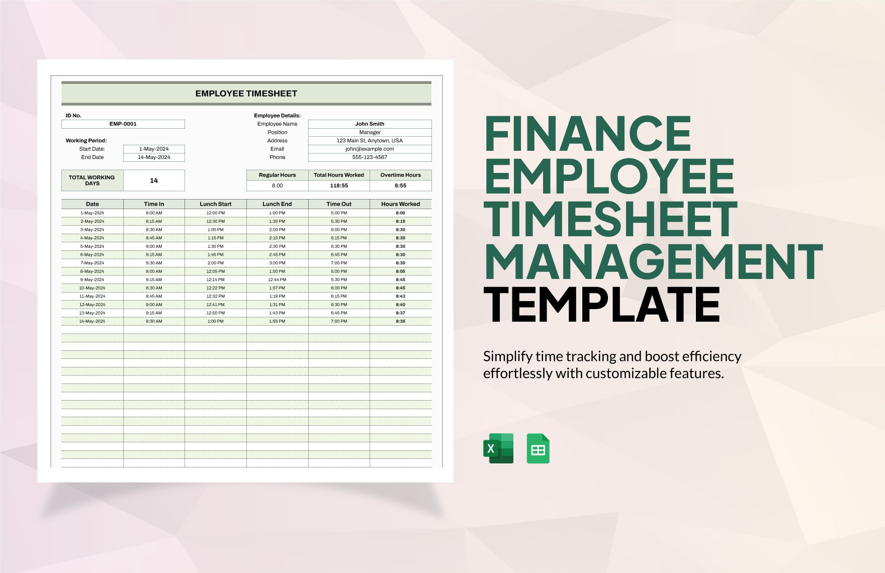 Finance Employee Timesheet Management Template in Excel, Google Sheets